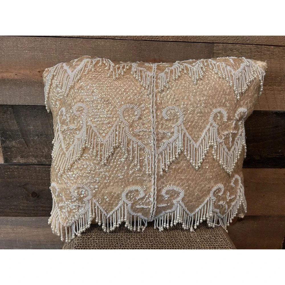 Beaded Decorative Pillow Champaign Tan‎ Ivory Beads Sequence, 14